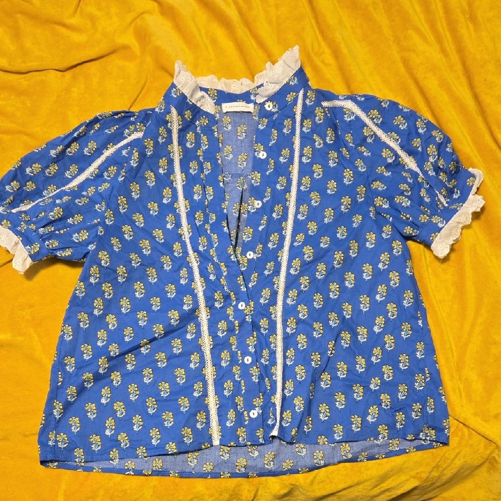 Entro Blue Floral Blouse with White Accents